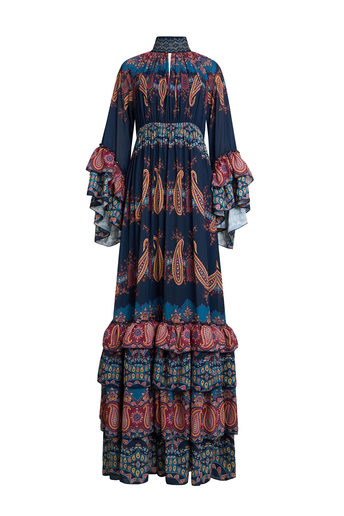 Paisley Print Ruffle Raglan Sleeve Maxi Dress