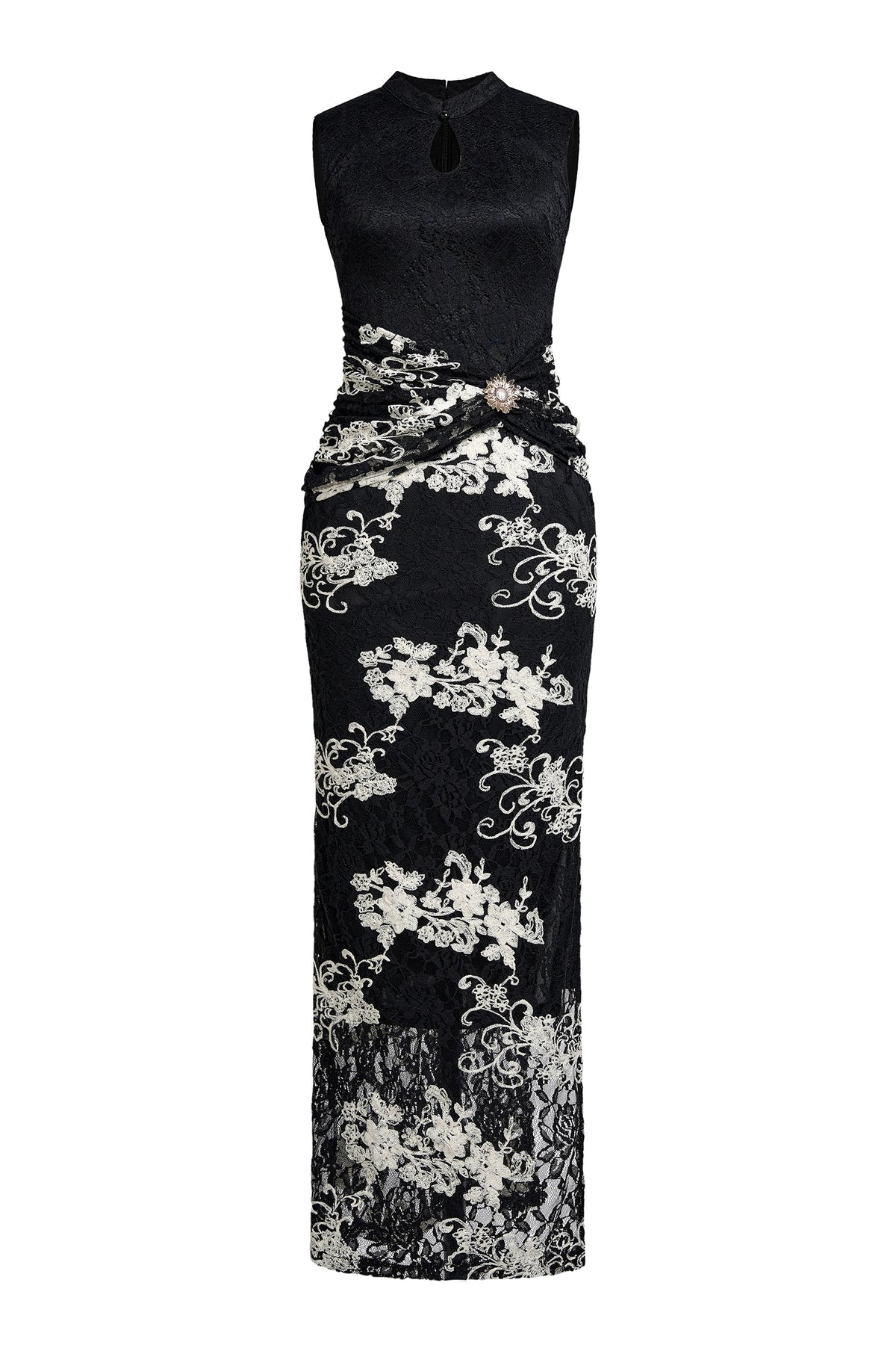 Lace Embroidered Stand Collar Midi Dress