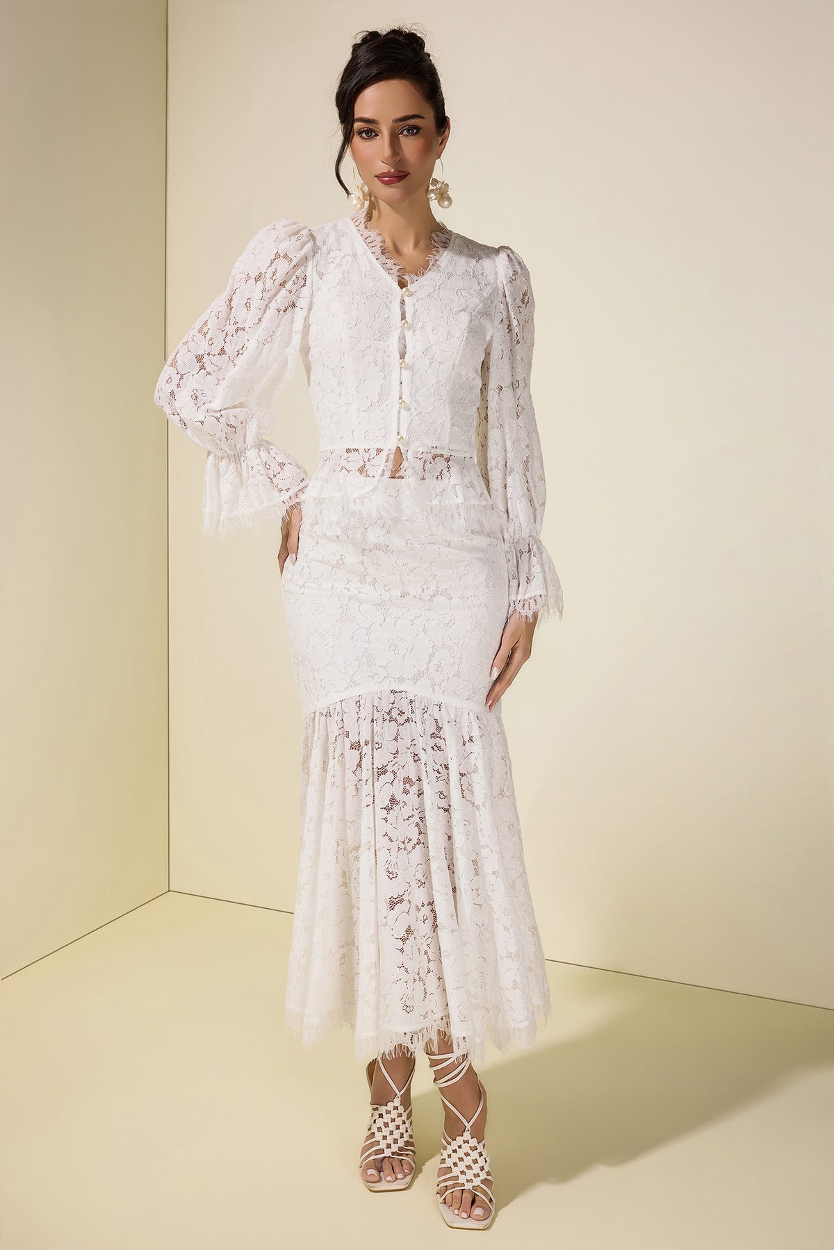 Lace Faux Pearl Button Top & Fishtail Midi Skirt Set