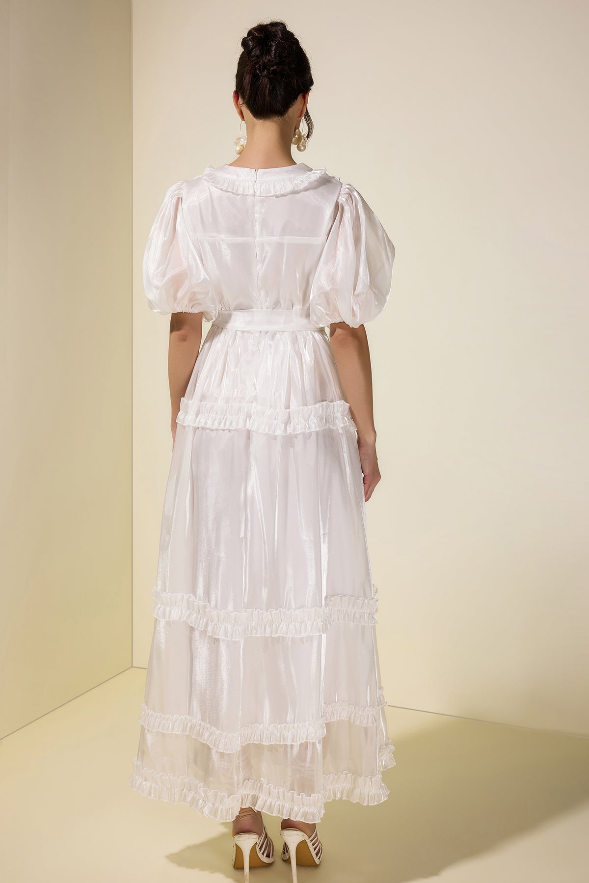 Satin Frill Midi Dress With Belt