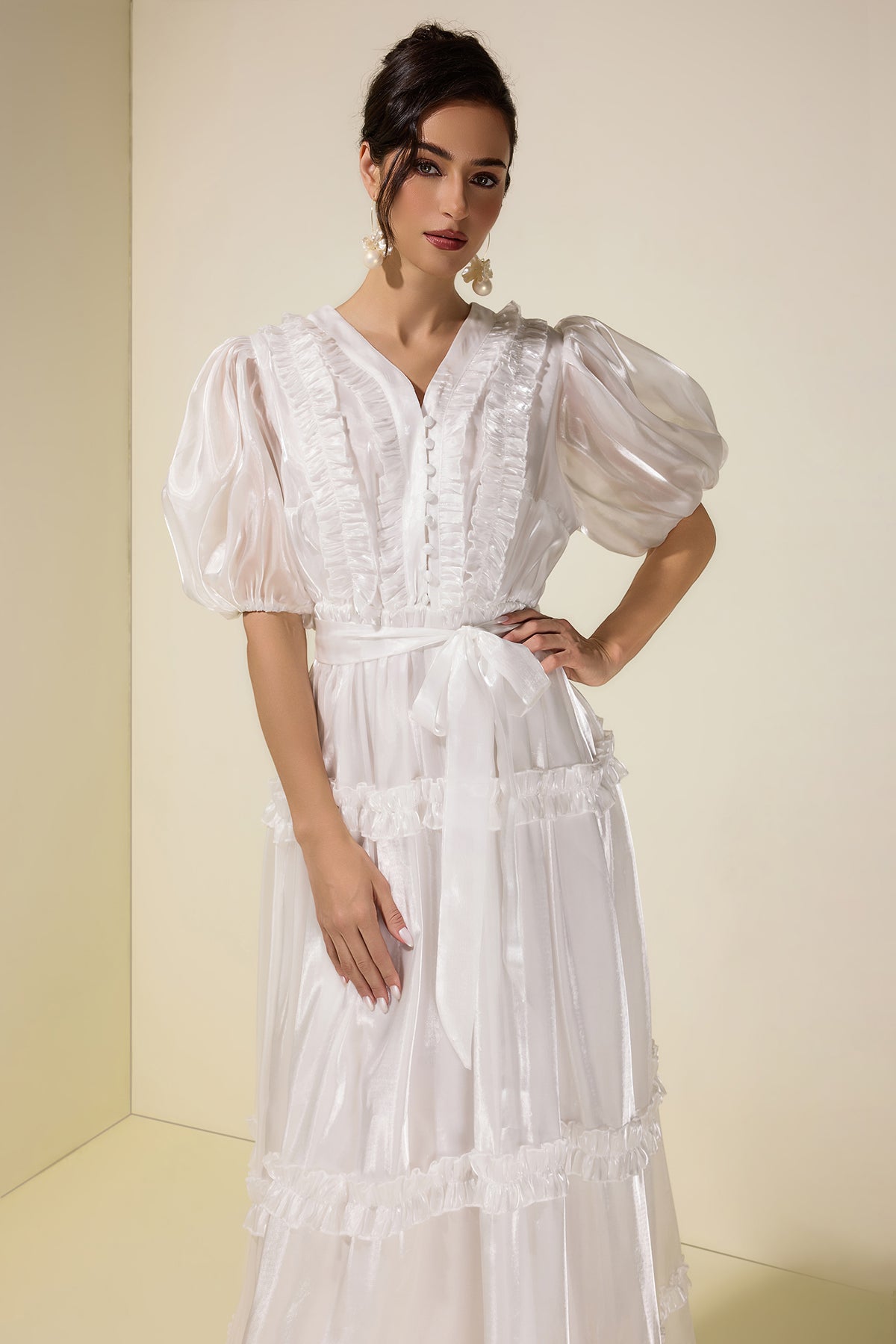 Satin Frill Midi Dress With Belt