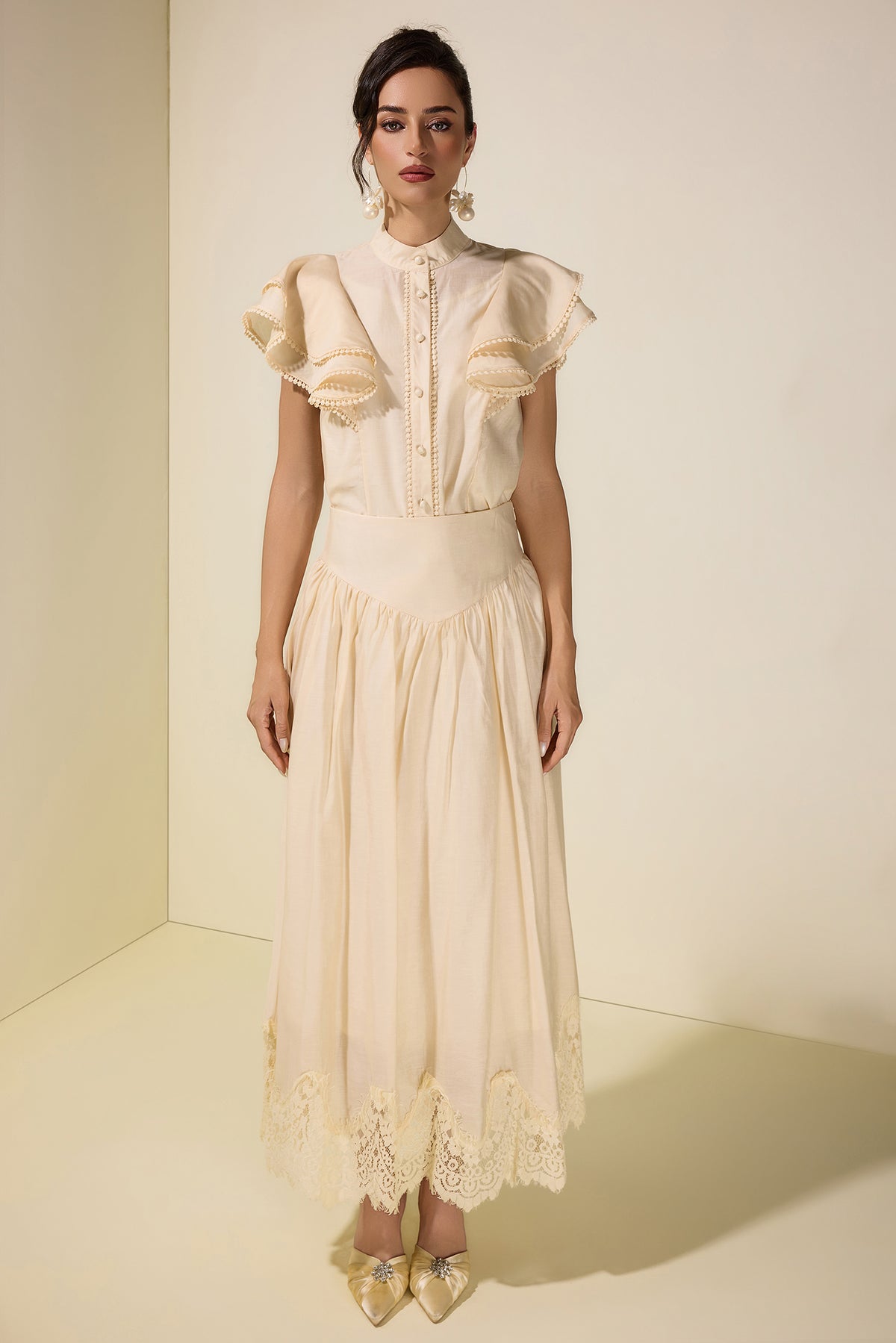 Sleeveless Ruffle Lace Top & Midi Skirt Set
