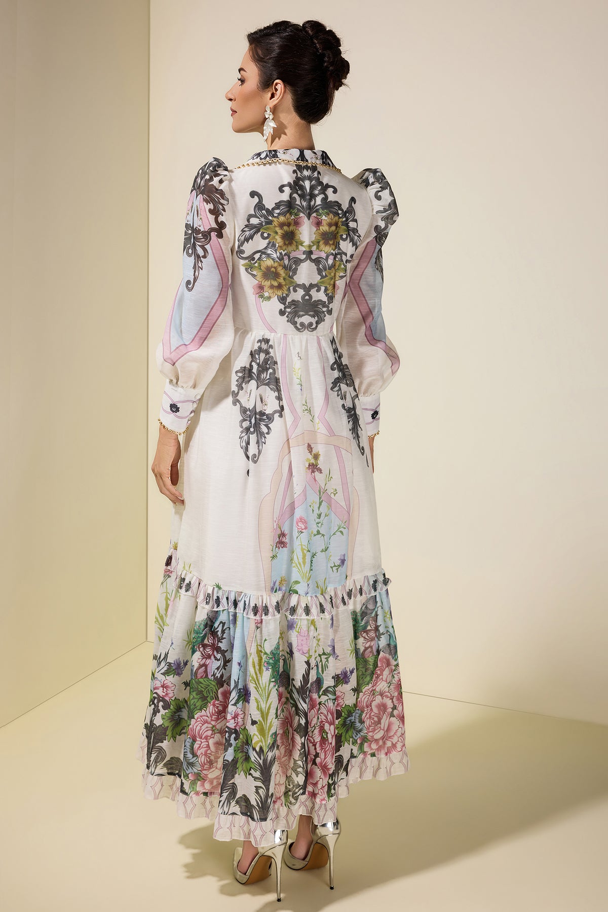 Floral Lace-Up Tailored Collar Maxi Dress