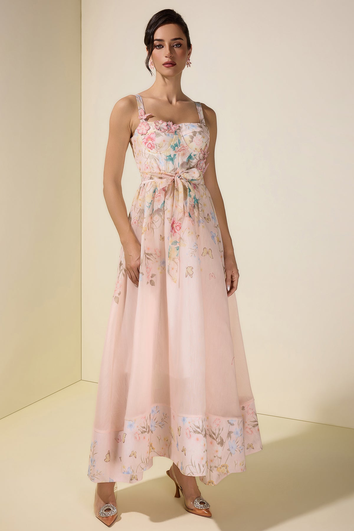 Floral Smocking Square Collar Midi Dress With Belt