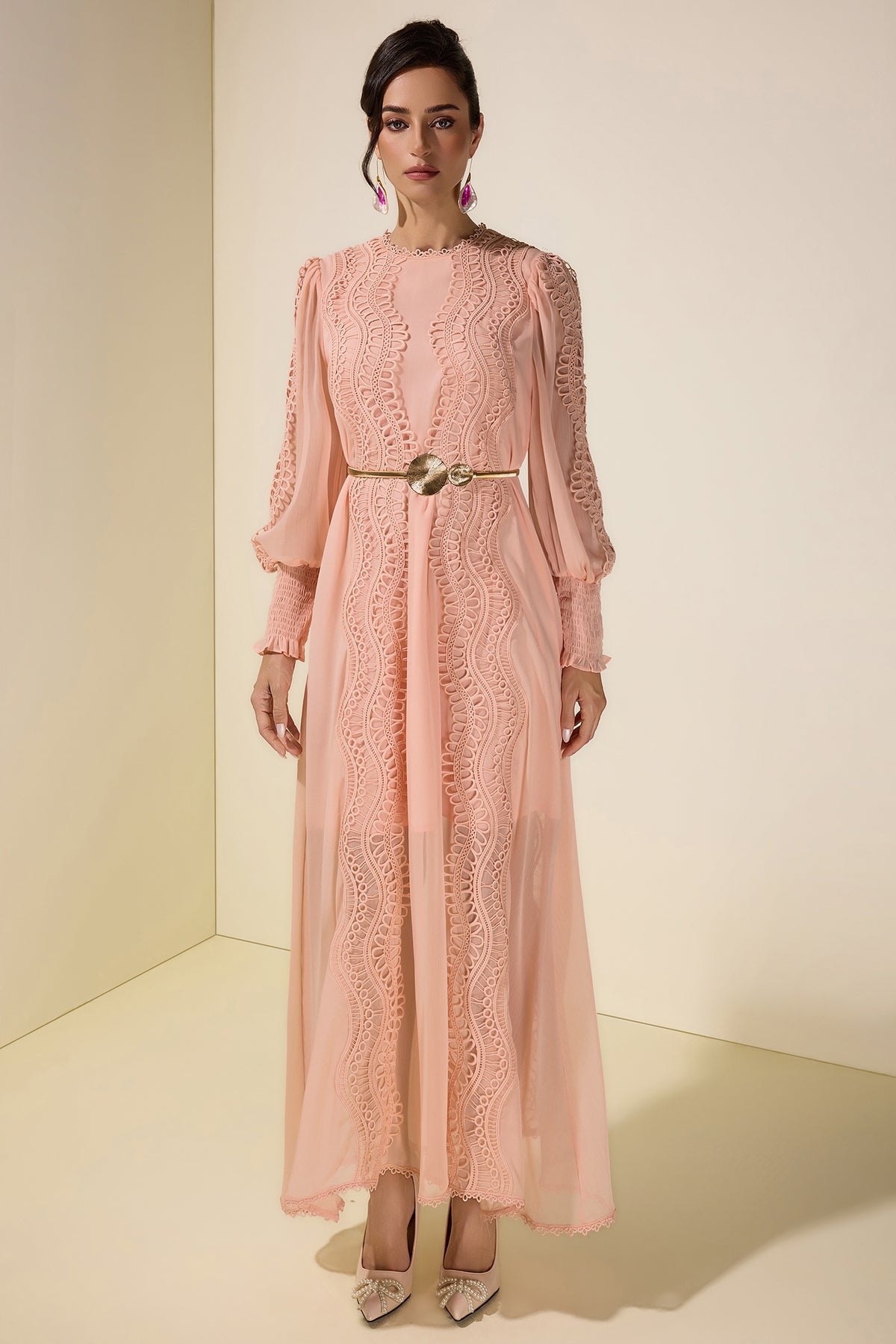 Chiffon Lace Midi Dress With Metal Belt
