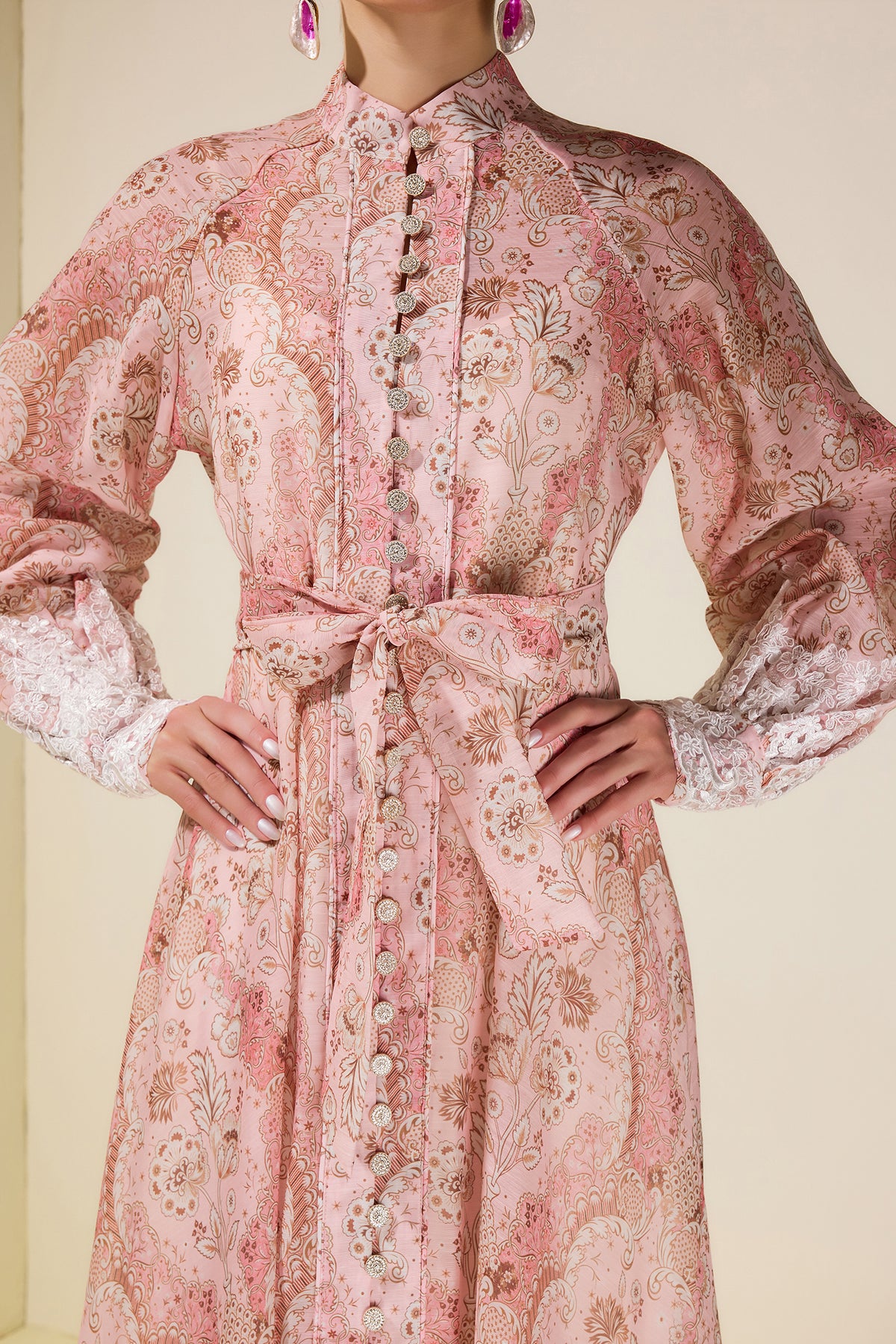 Paisley Print Lace Single Breasted Midi Dress
