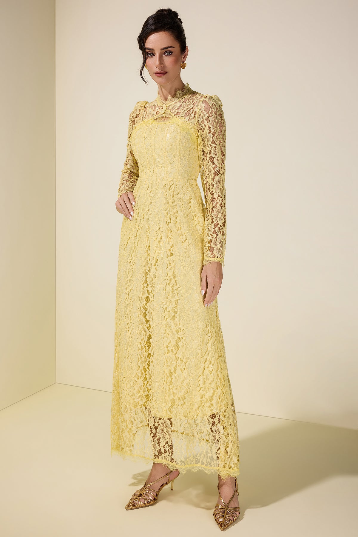 Lace Tie-Up Long Sleeve Midi Dress