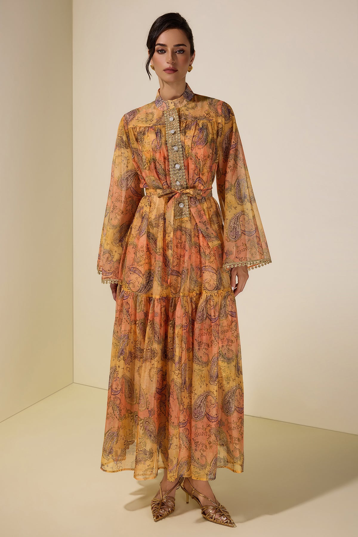 Paisley Print Stand Collar Lace Midi Dress With Belt