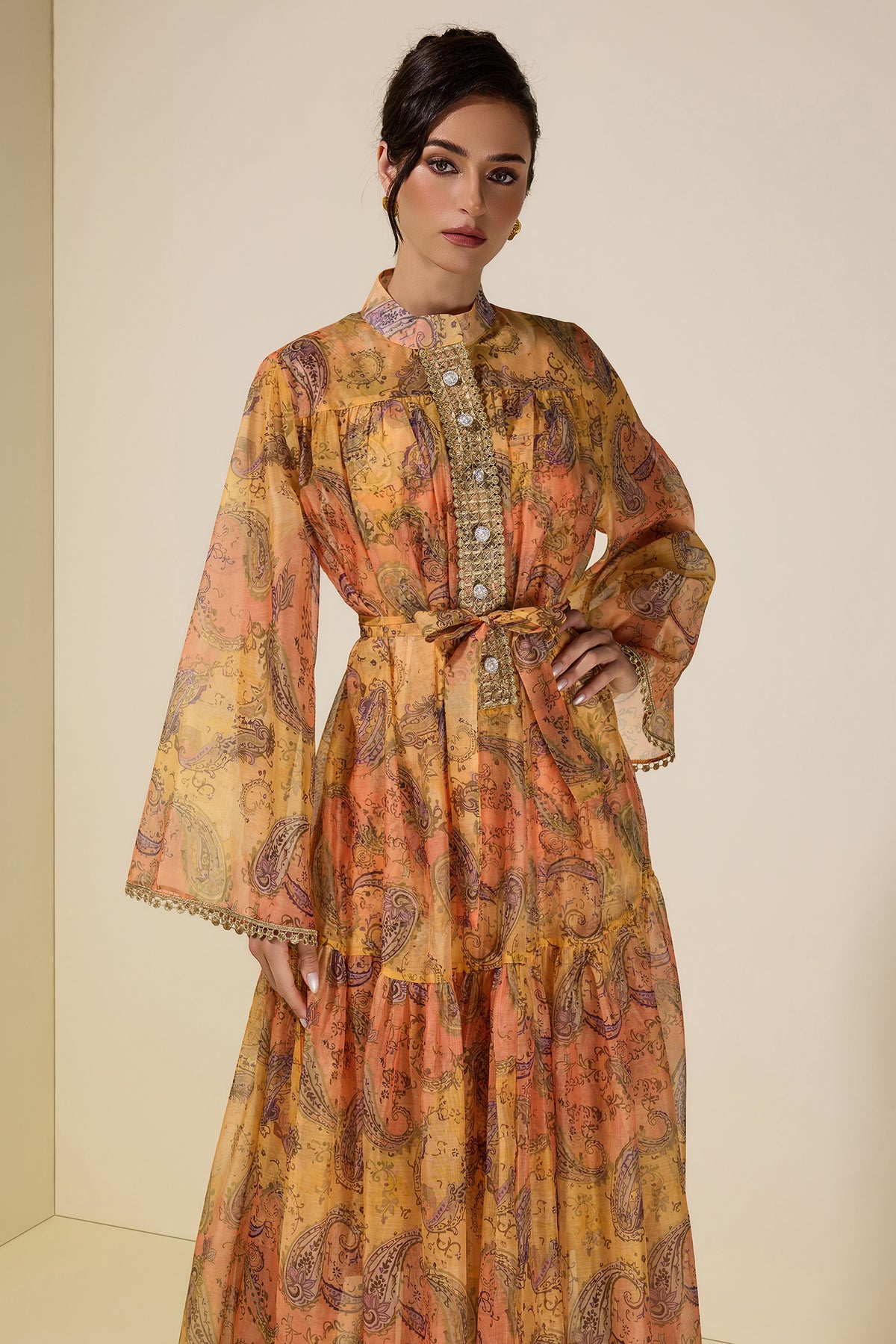 Paisley Print Stand Collar Lace Midi Dress With Belt