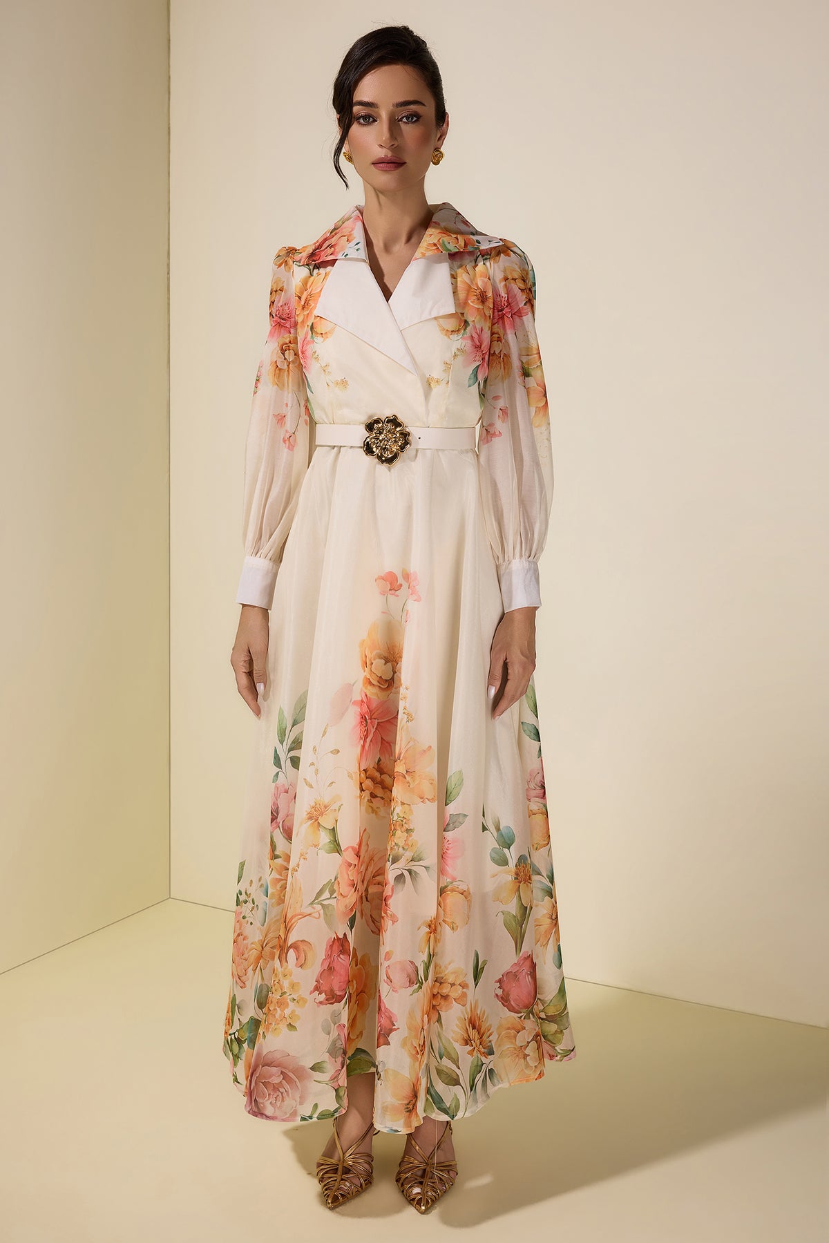 Floral Tailored Collar Maxi Dress With Belt