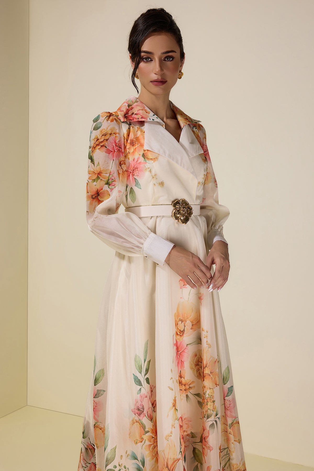 Floral Tailored Collar Maxi Dress With Belt
