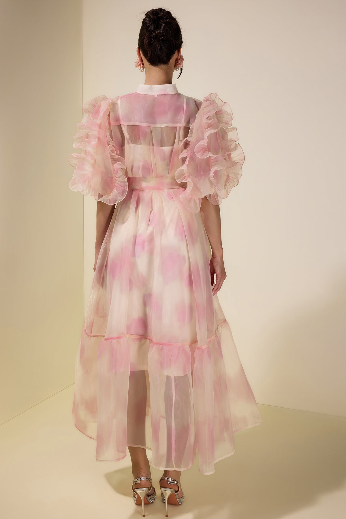 Tie Dye Puff Sleeve Ruffle Midi Dress