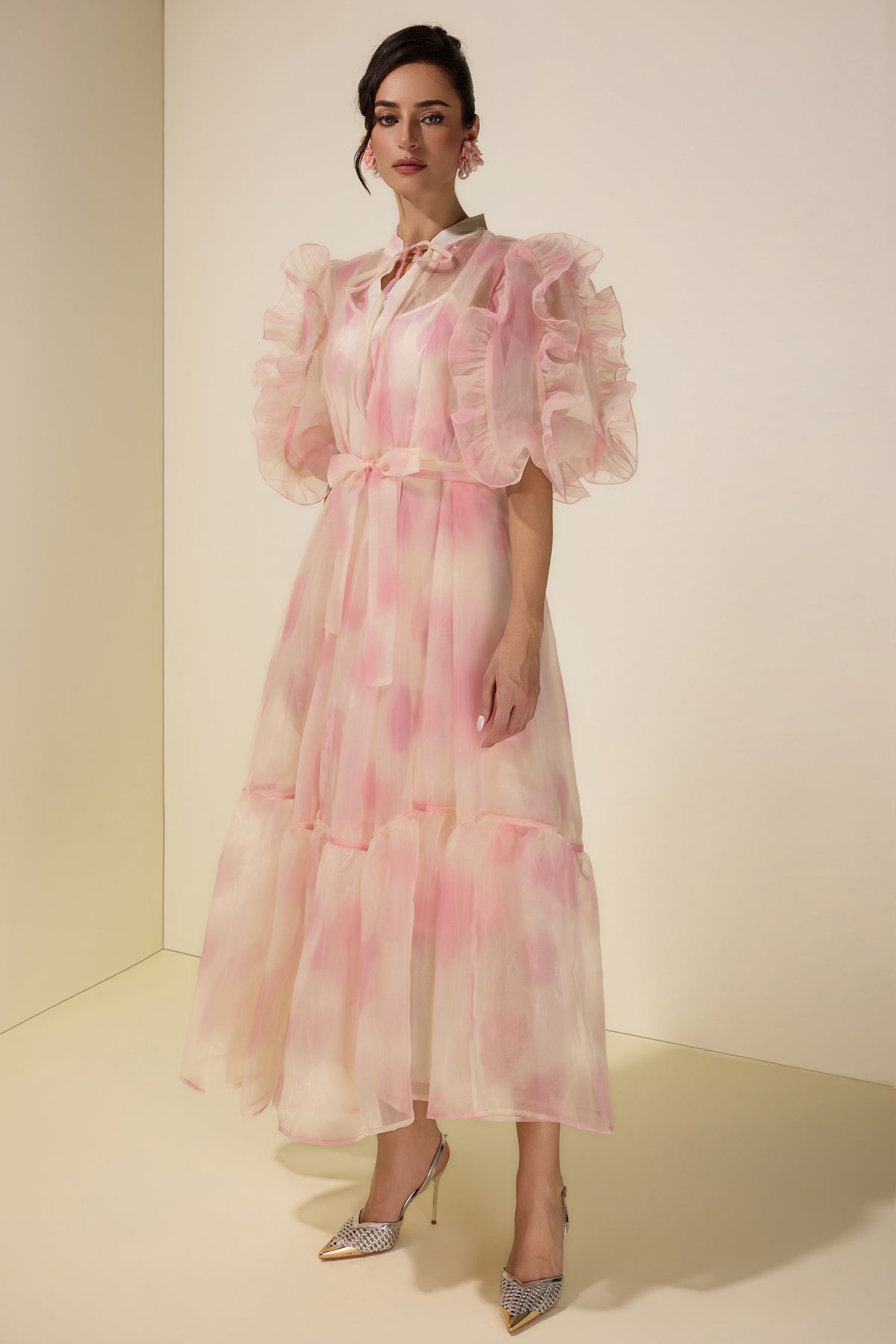Tie Dye Puff Sleeve Ruffle Midi Dress