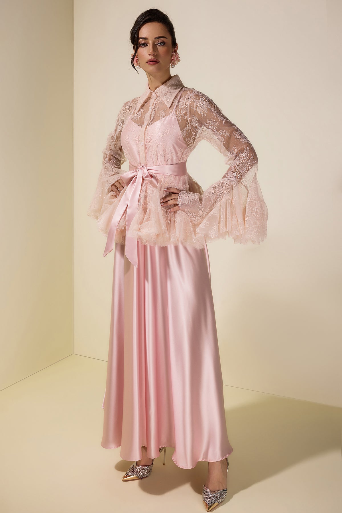 Sequin Lace Blouse  & Satin Slip Maxi Dress Set