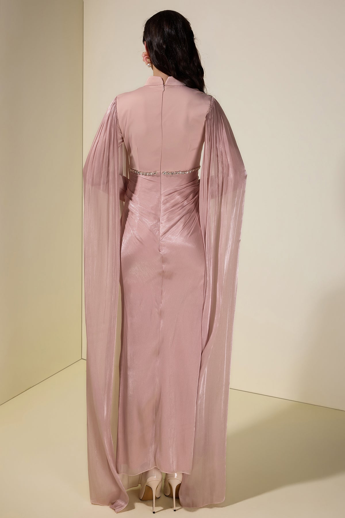 Satin Cape Sleeve Rhinestone Maxi Dress