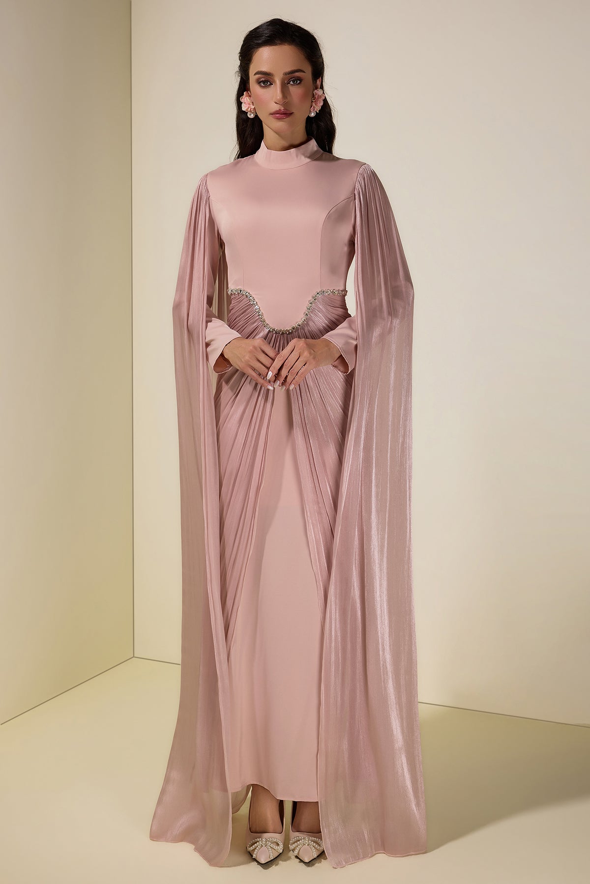 Satin Cape Sleeve Rhinestone Maxi Dress