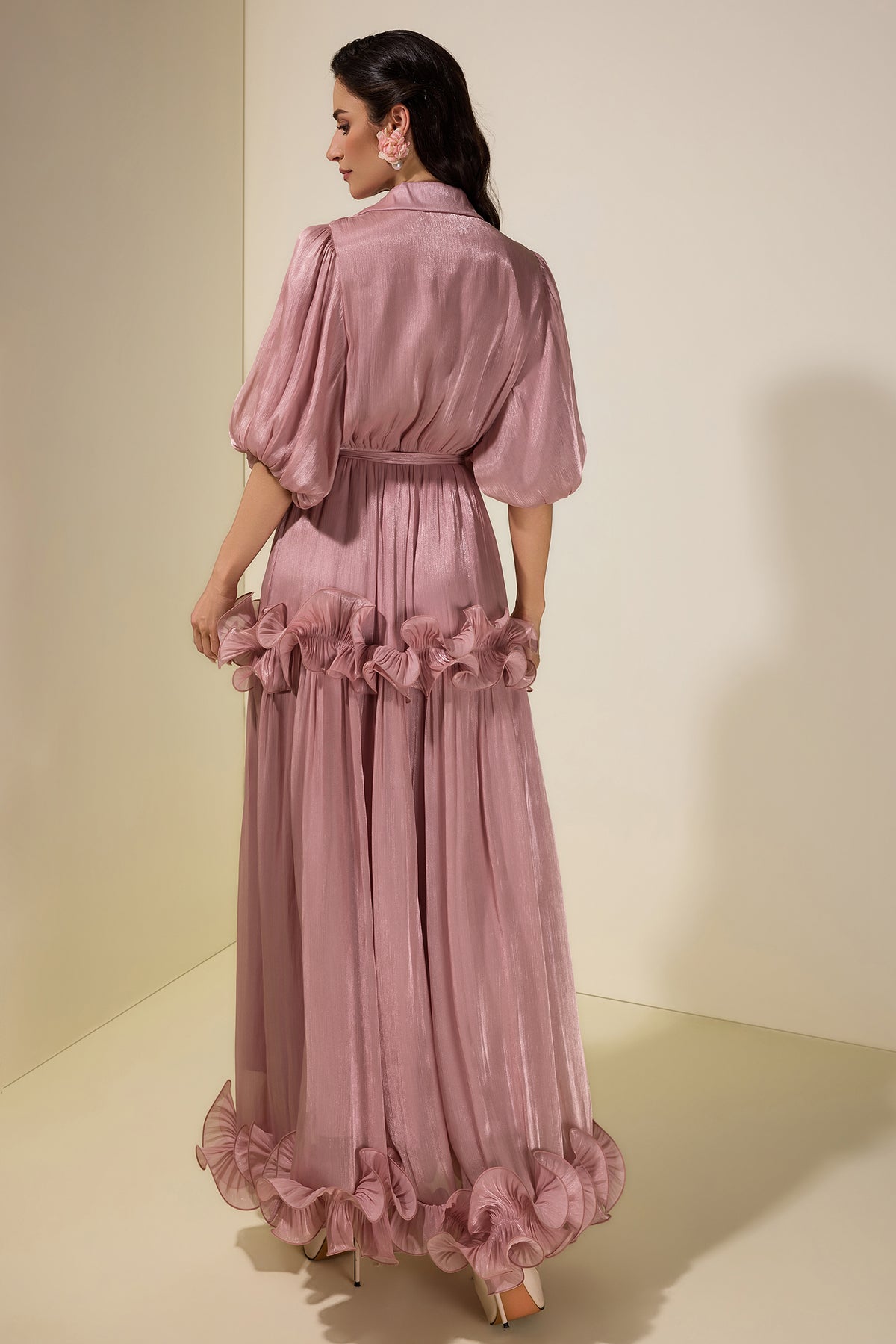 Frill Gathering Puff Sleeve Maxi Dress
