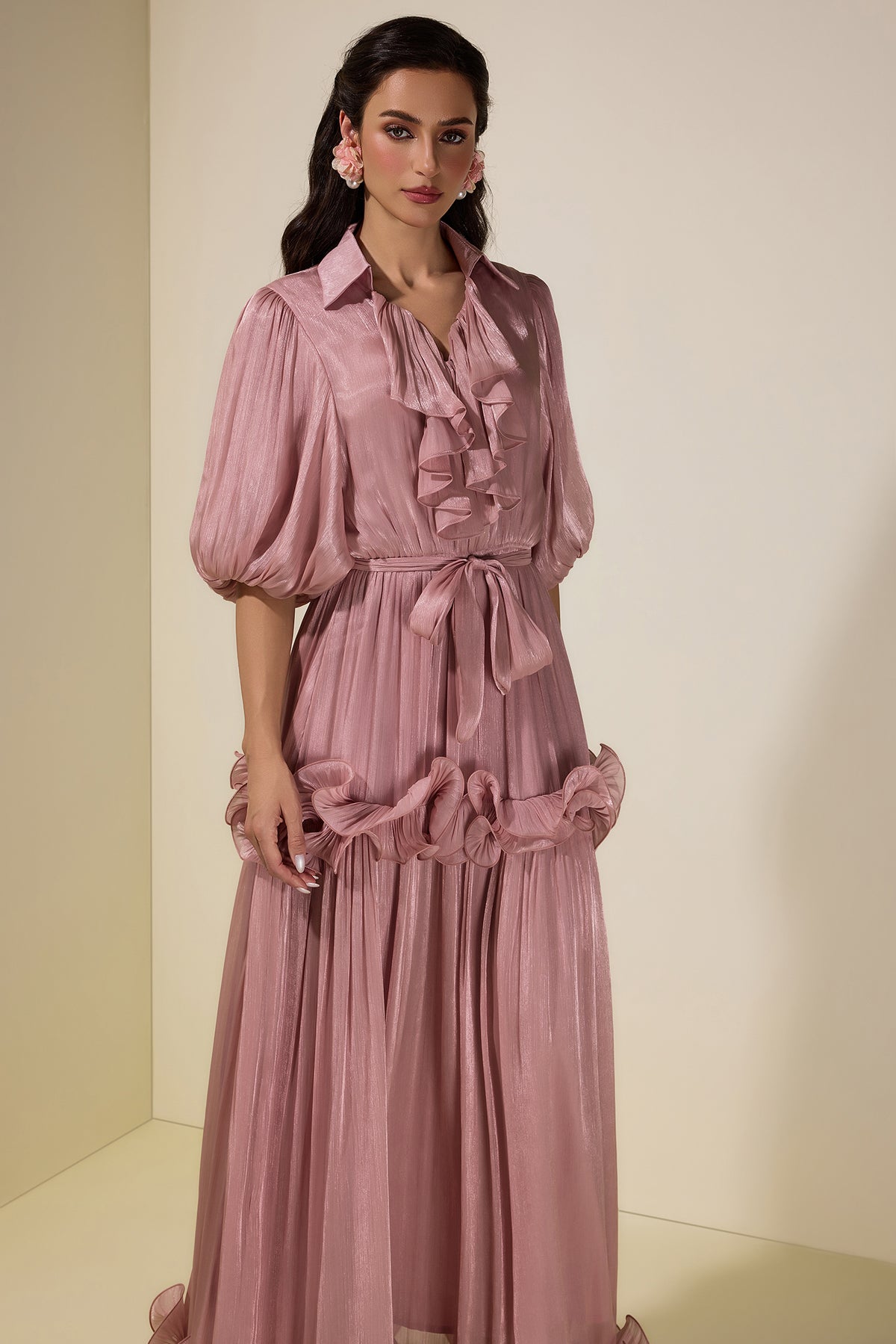 Frill Gathering Puff Sleeve Maxi Dress