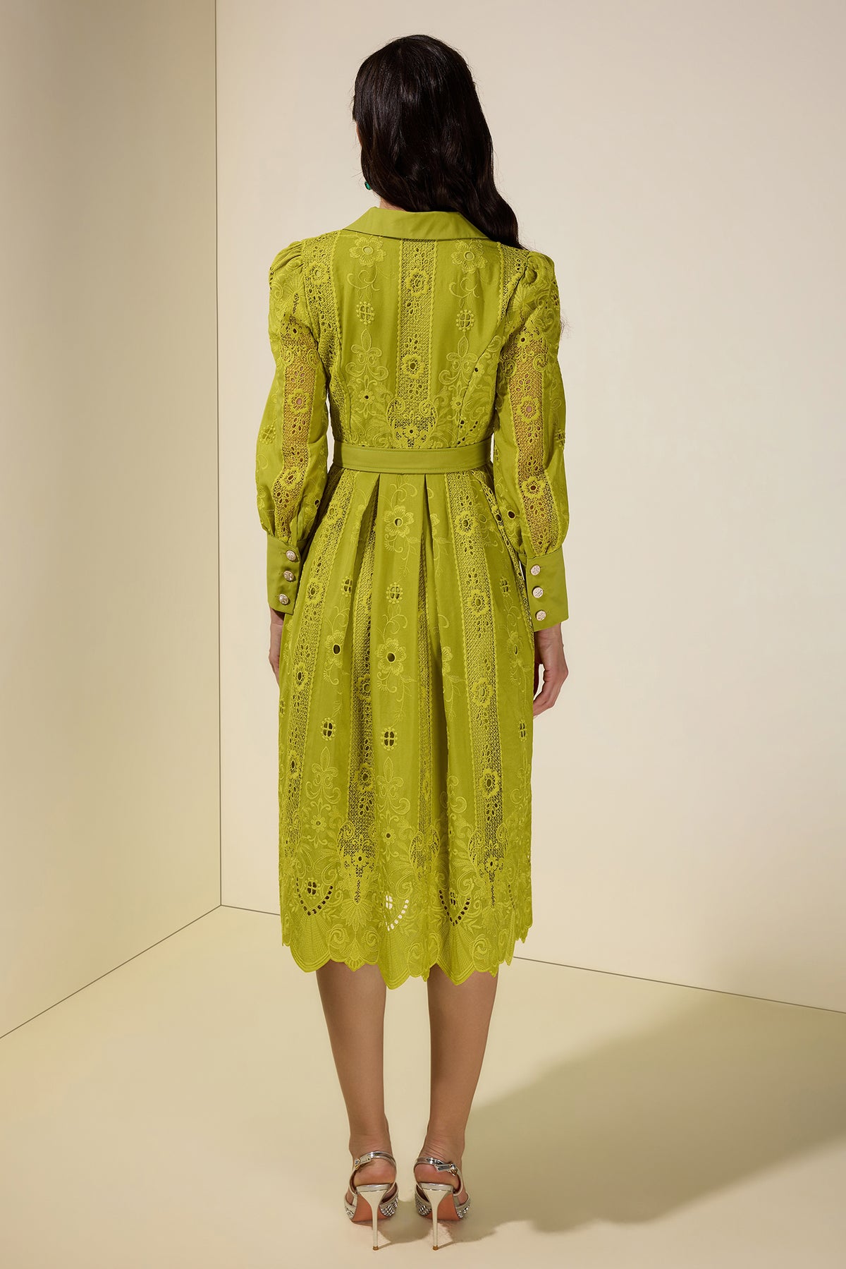 Lace Splicing Embroidered Single Breasted Midi Dress With Belt