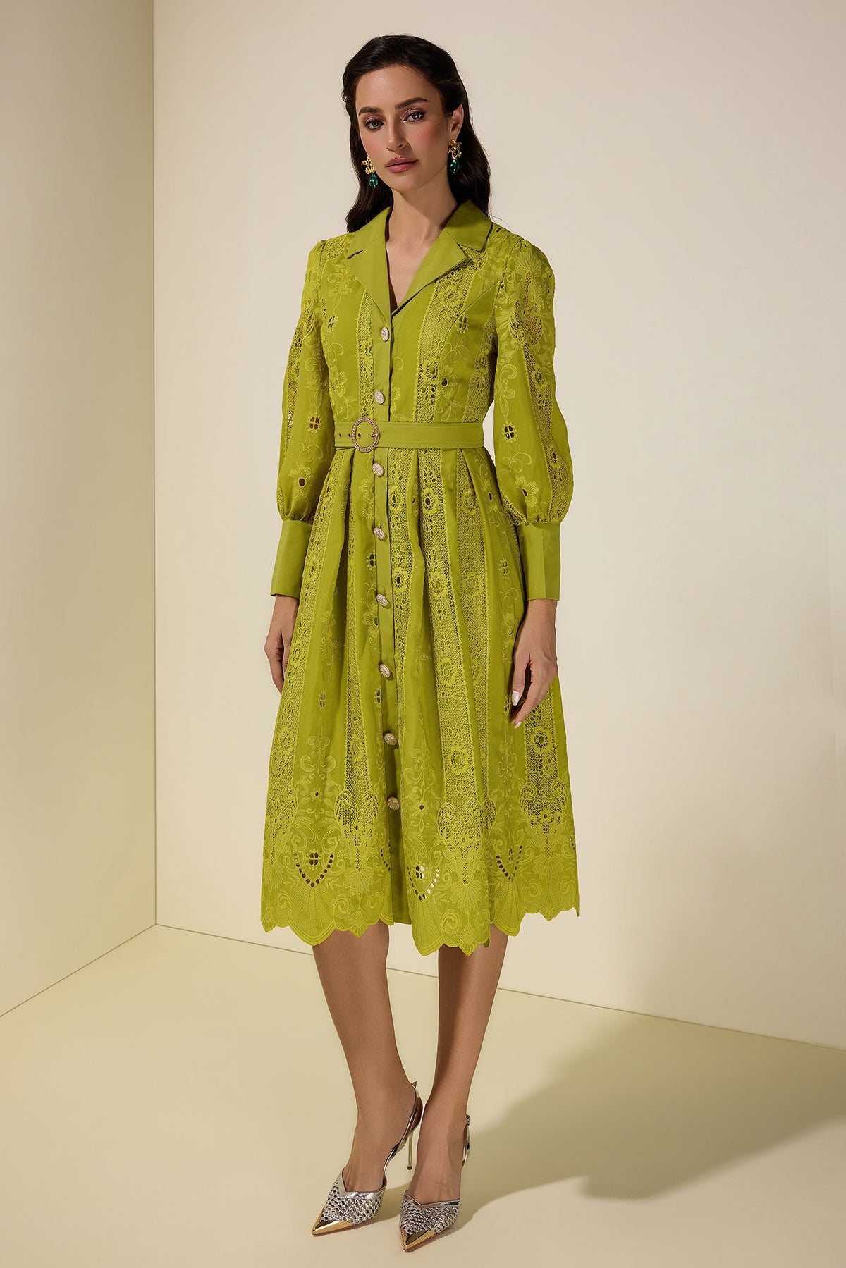 Lace Splicing Embroidered Single Breasted Midi Dress With Belt