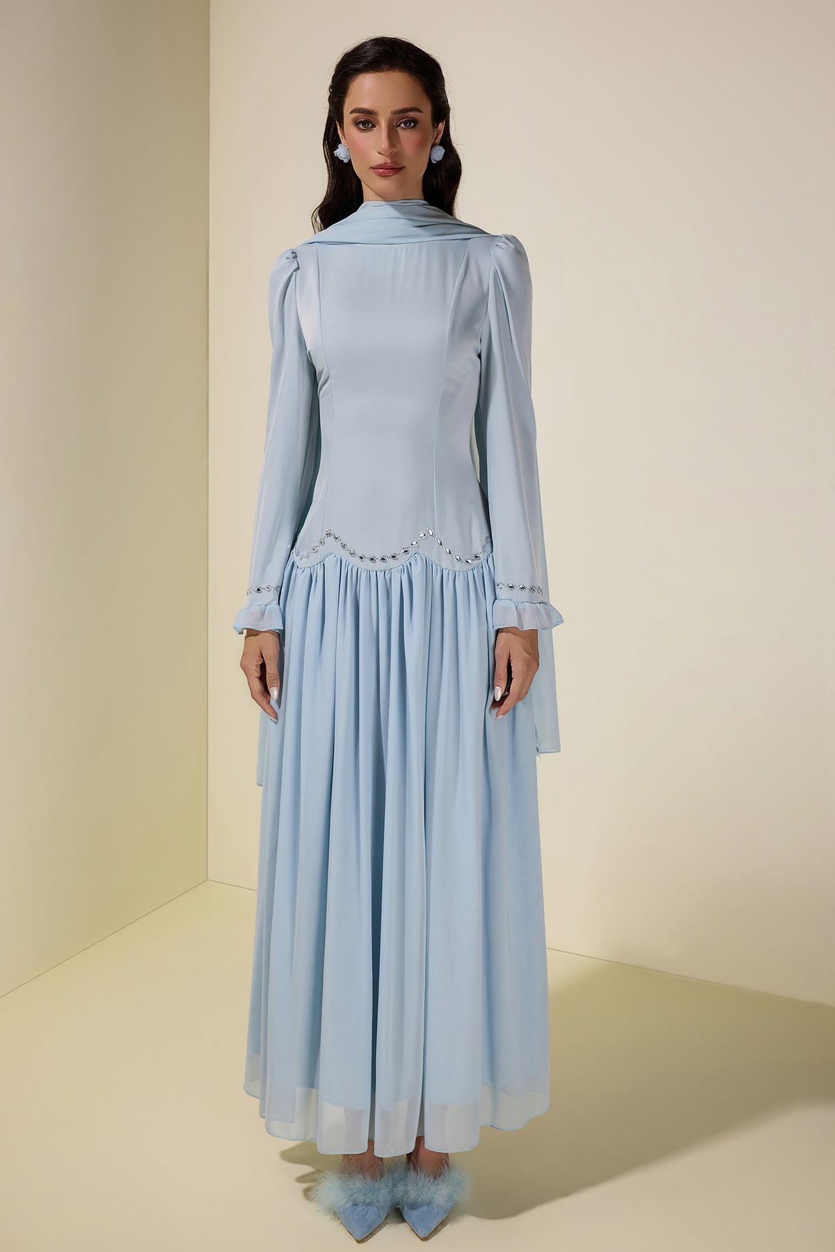 Satin Splicing Chiffon Rhinestone Maxi Dress
