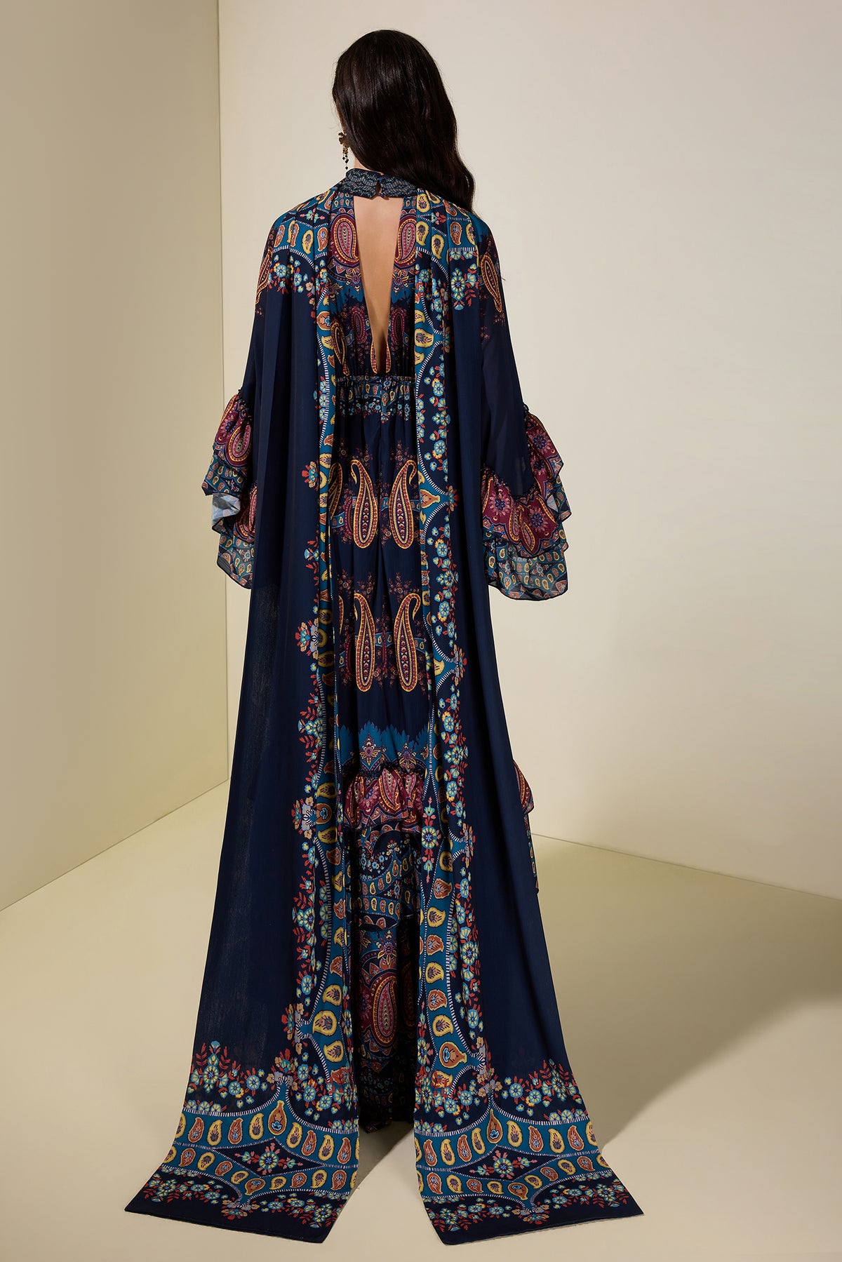 Paisley Print Ruffle Raglan Sleeve Maxi Dress