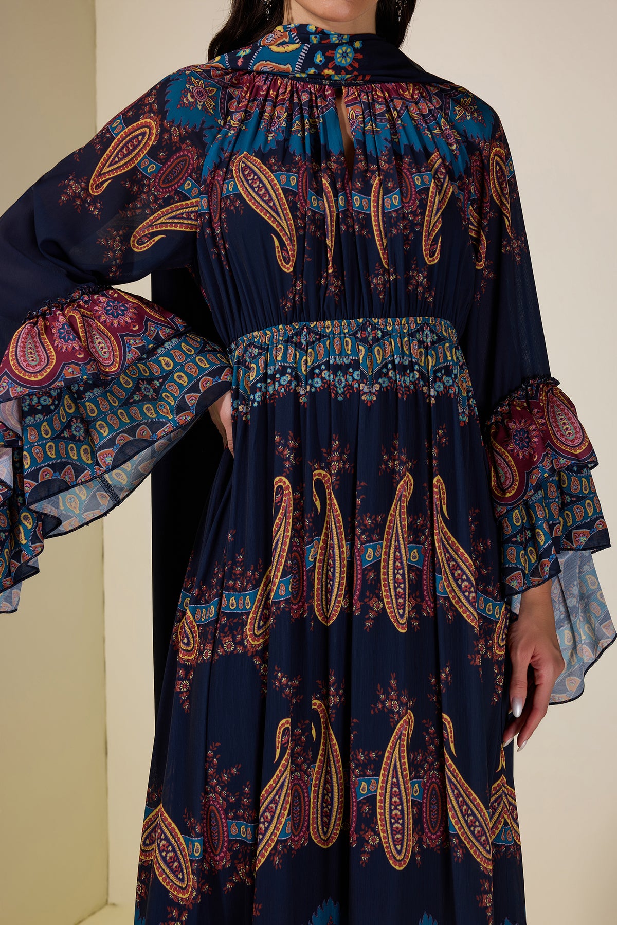 Paisley Print Ruffle Raglan Sleeve Maxi Dress