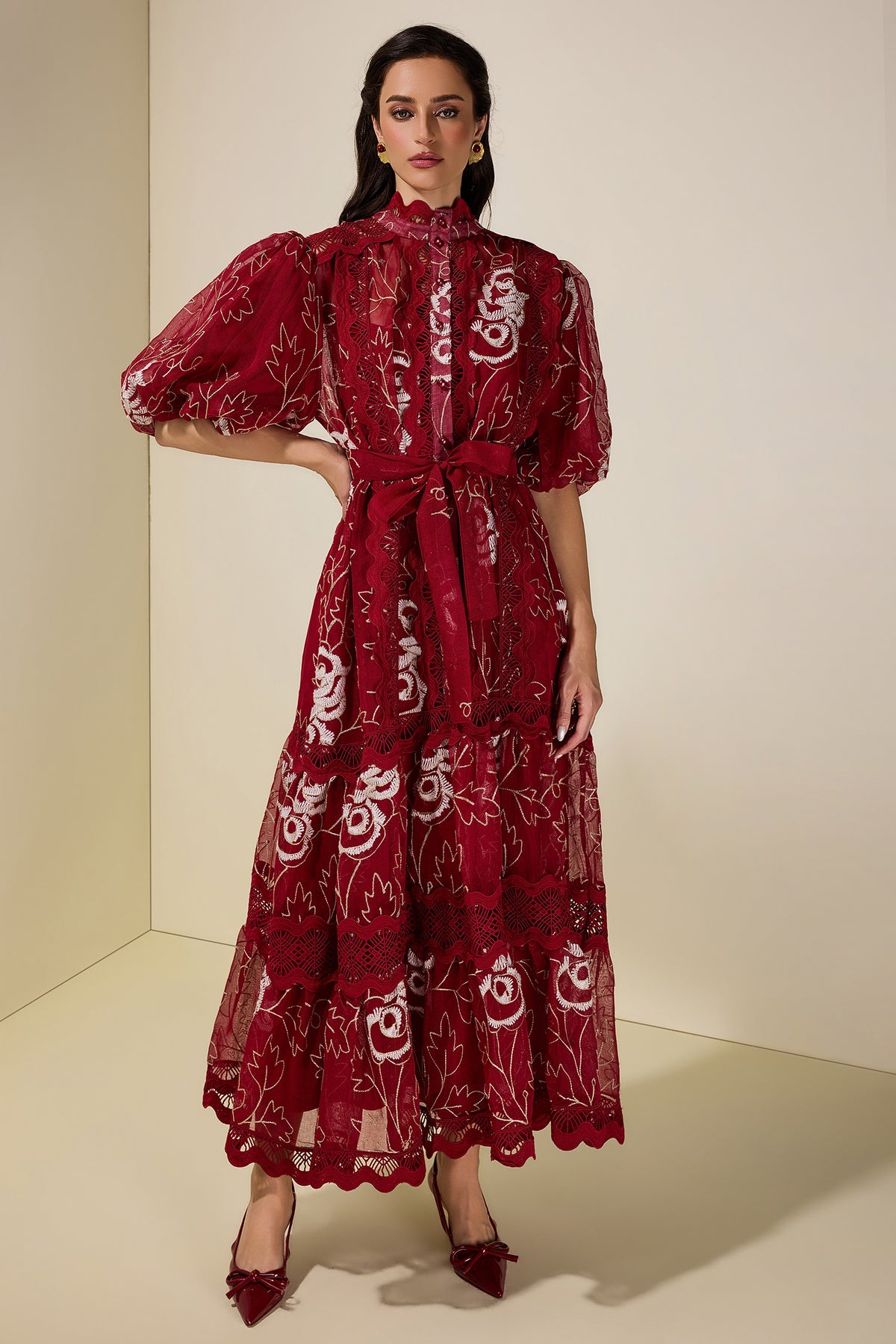 Lace Embroidered Puff Sleeve Maxi Dress