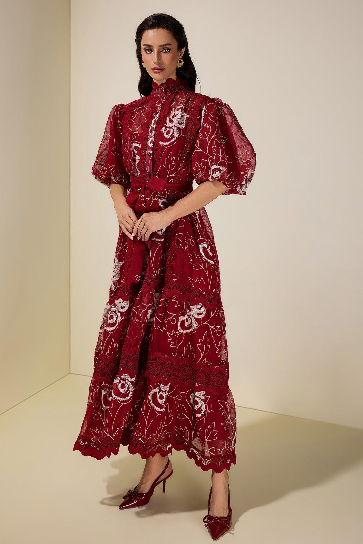 Lace Embroidered Puff Sleeve Maxi Dress