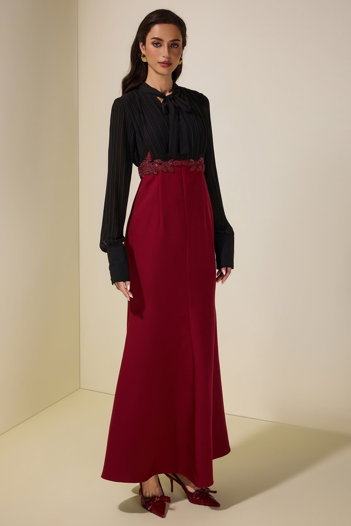 Chiffon Pleated Rivet Maxi Dress