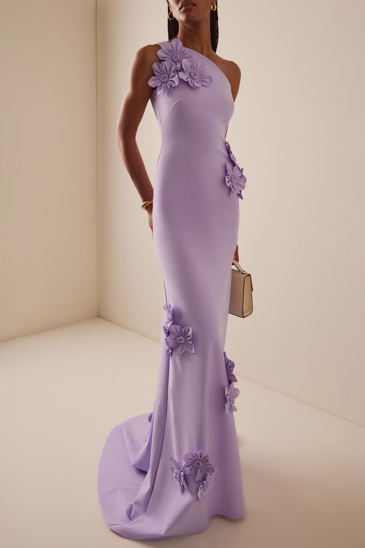 Solid 3D Flower Skew Collar Maxi Dress