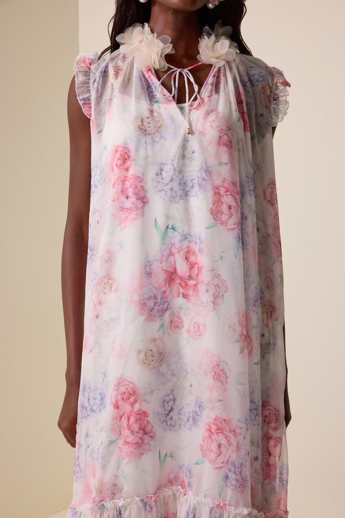 Floral Ruffle Lace Up Midi Dress