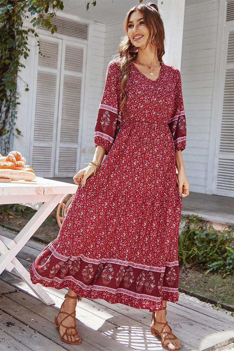 Boho Print Puff Sleeve Loose Maxi Dress