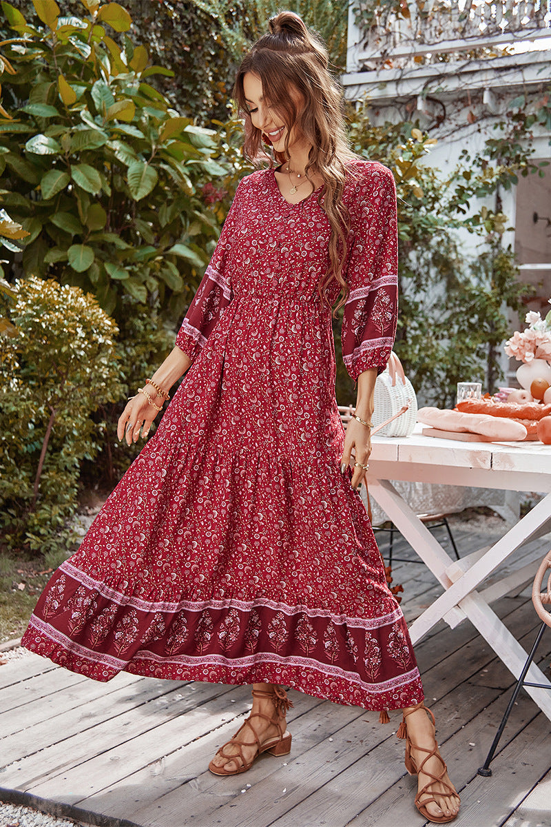 Boho Print Puff Sleeve Loose Maxi Dress