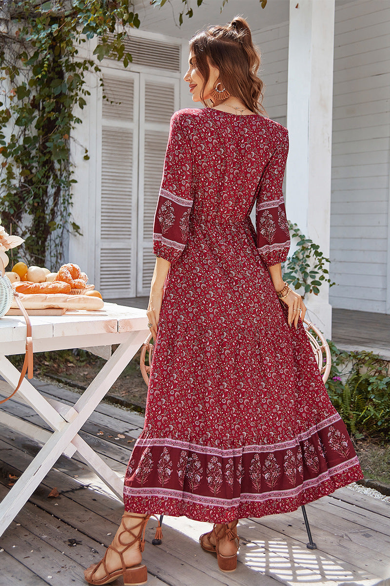 Boho Print Puff Sleeve Loose Maxi Dress
