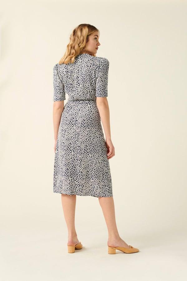 Floral Mid Sleeve V-Neck Midi Dress