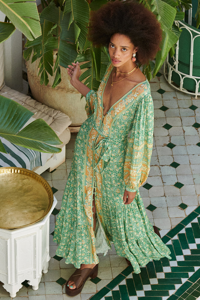 Floral Long Sleeve V-Neck Drapped Midi Dress Green