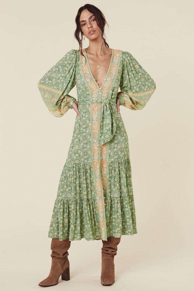 Floral Long Sleeve V-Neck Drapped Midi Dress Green