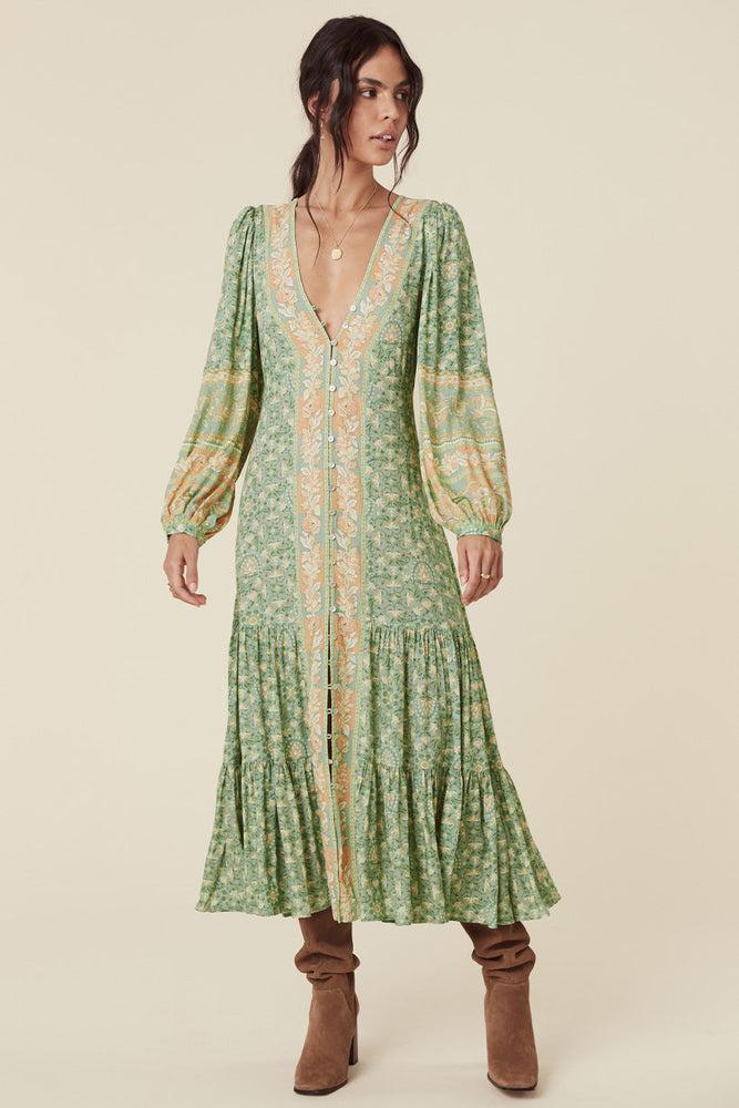 Floral Long Sleeve V-Neck Drapped Midi Dress Green
