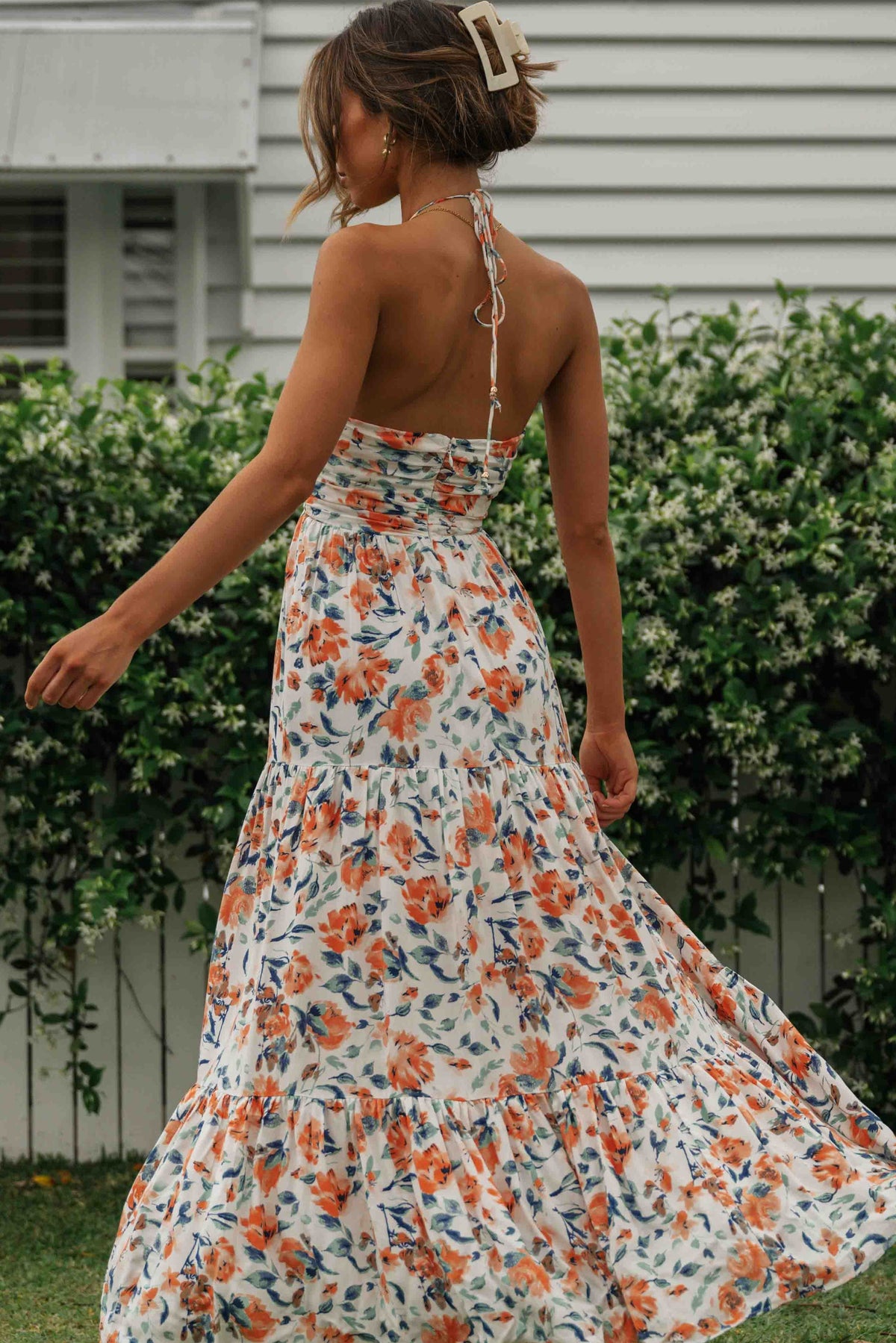 Floral V-Neck Backless Maxi Dress