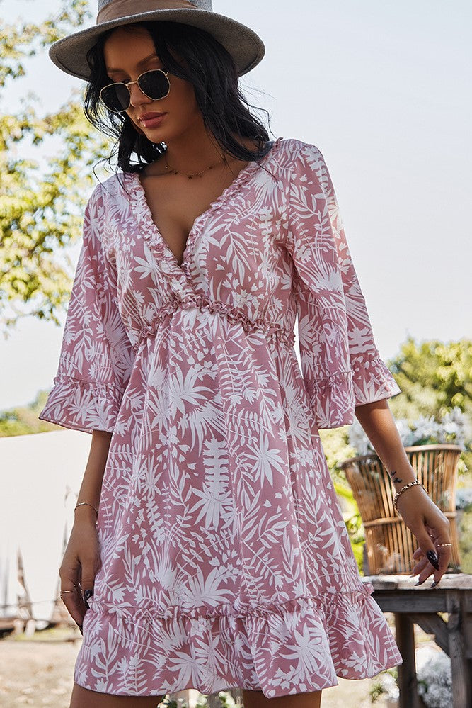 Floral V-Neck Mid Sleeve Backless Lace Up Ruffle Hem Mini Dress