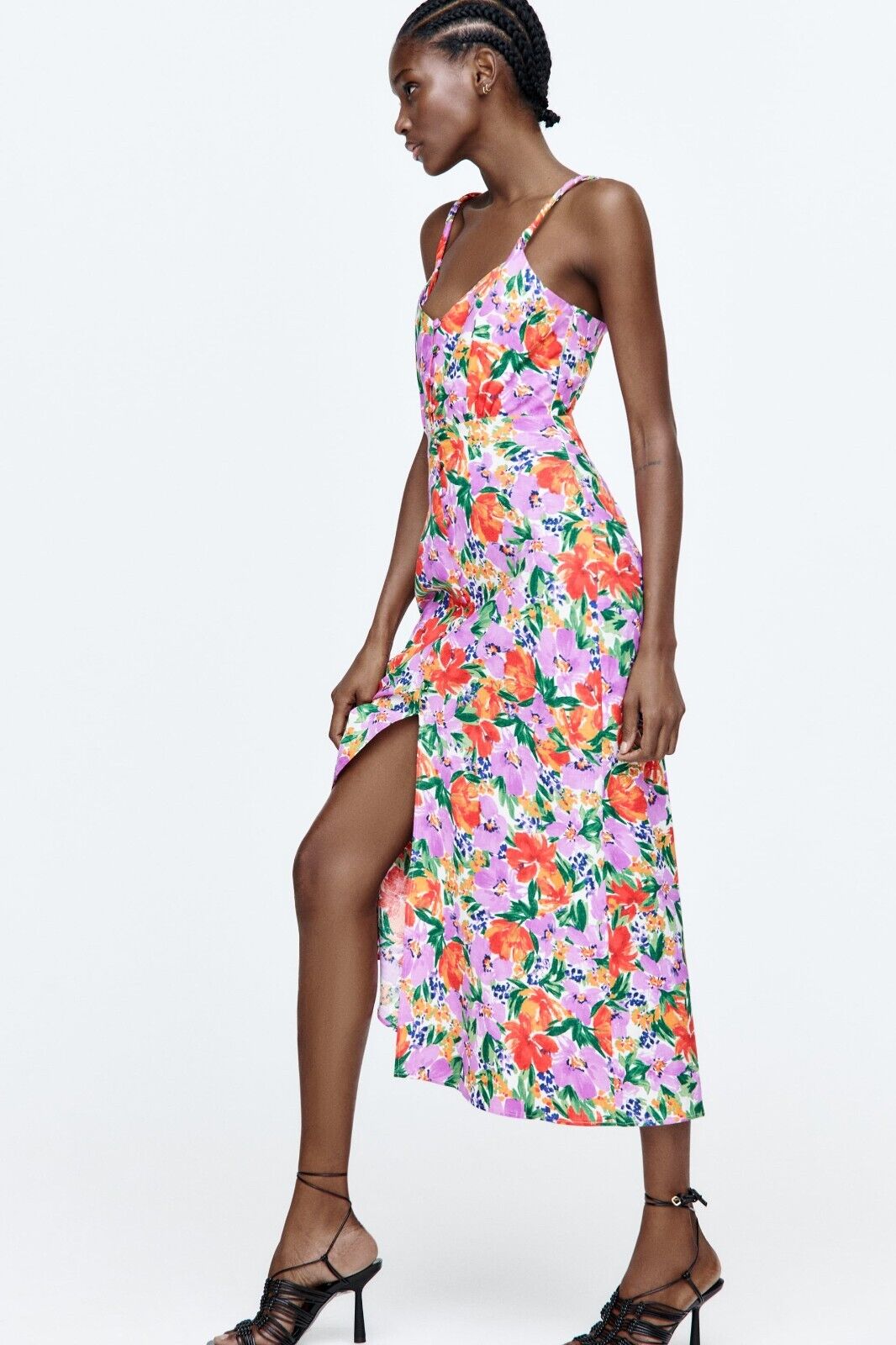 Floral Buttoned Cami Slit Midi Dress