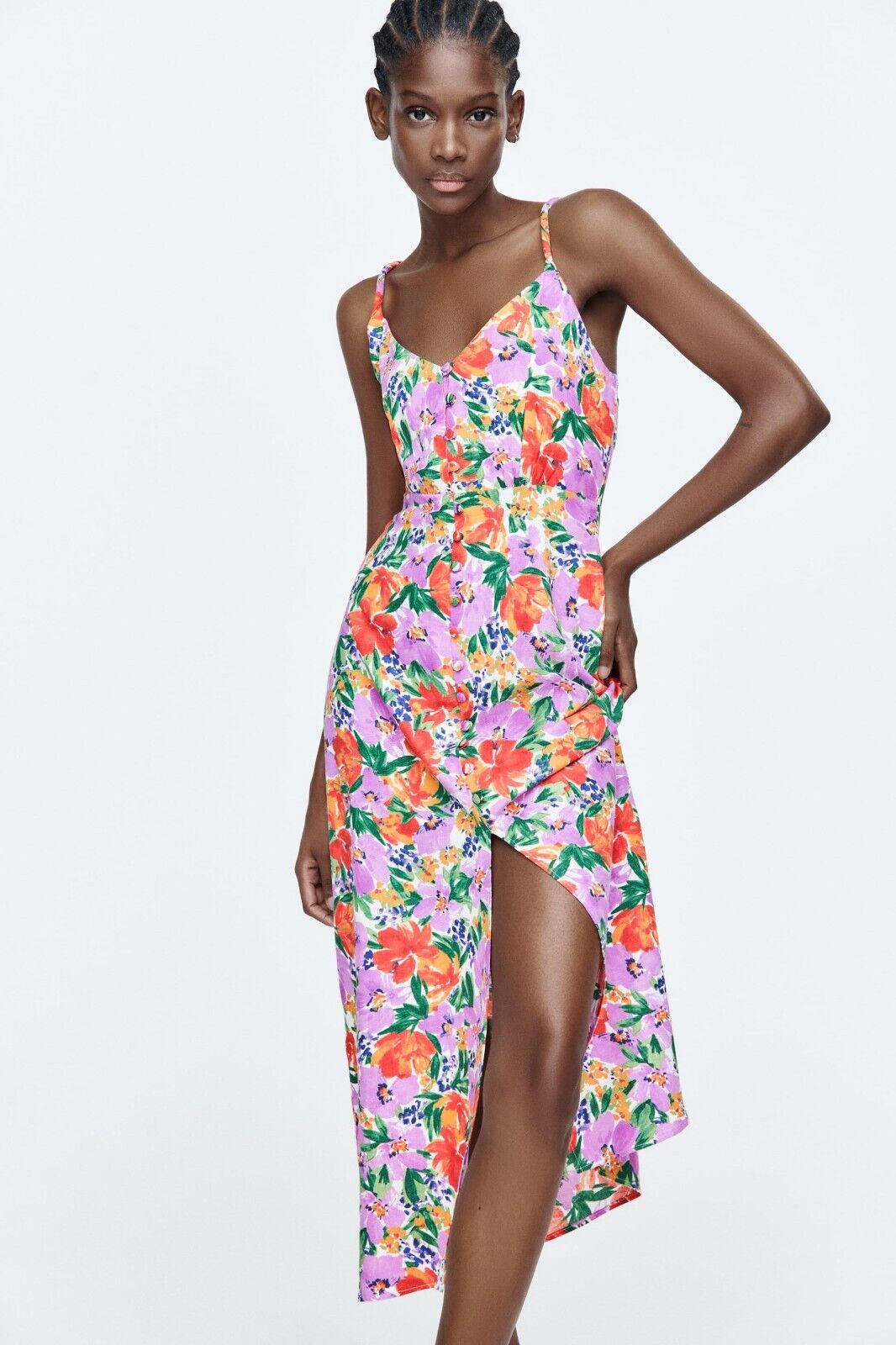 Floral Buttoned Cami Slit Midi Dress