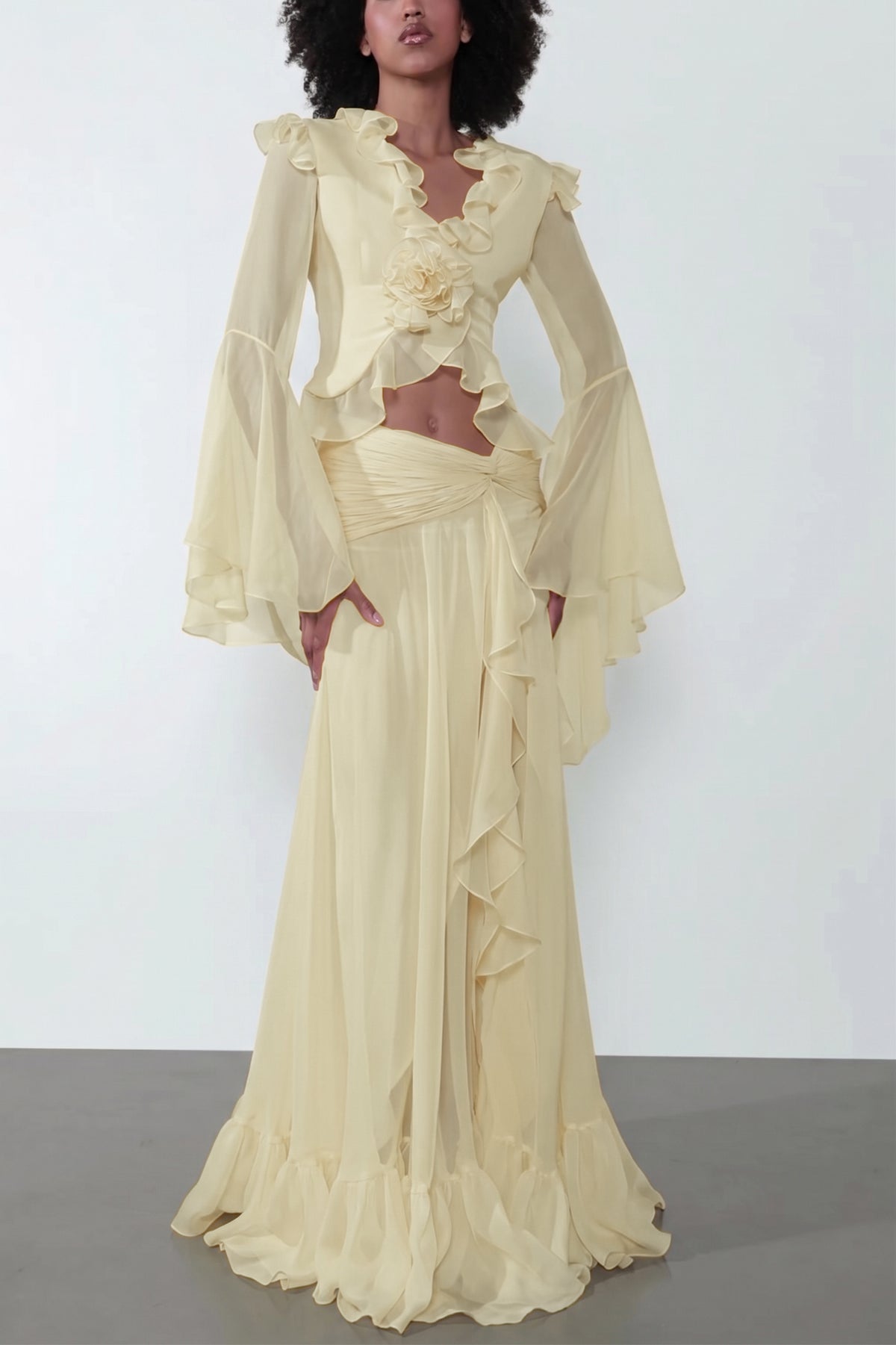 V-Neck Bell Sleeve Top & High Waist Maxi Skirt Set