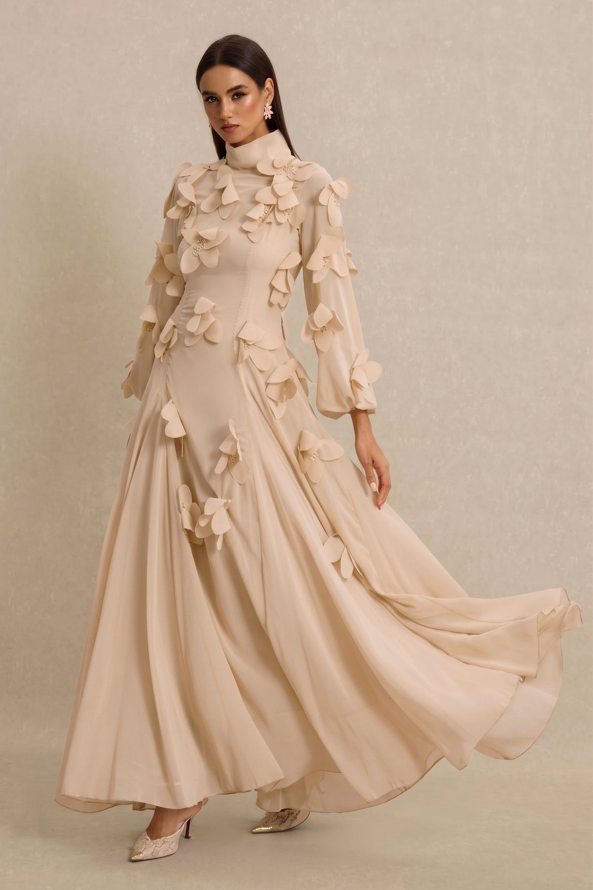 3D Flower Stand Collar Long Sleeve Maxi Dress