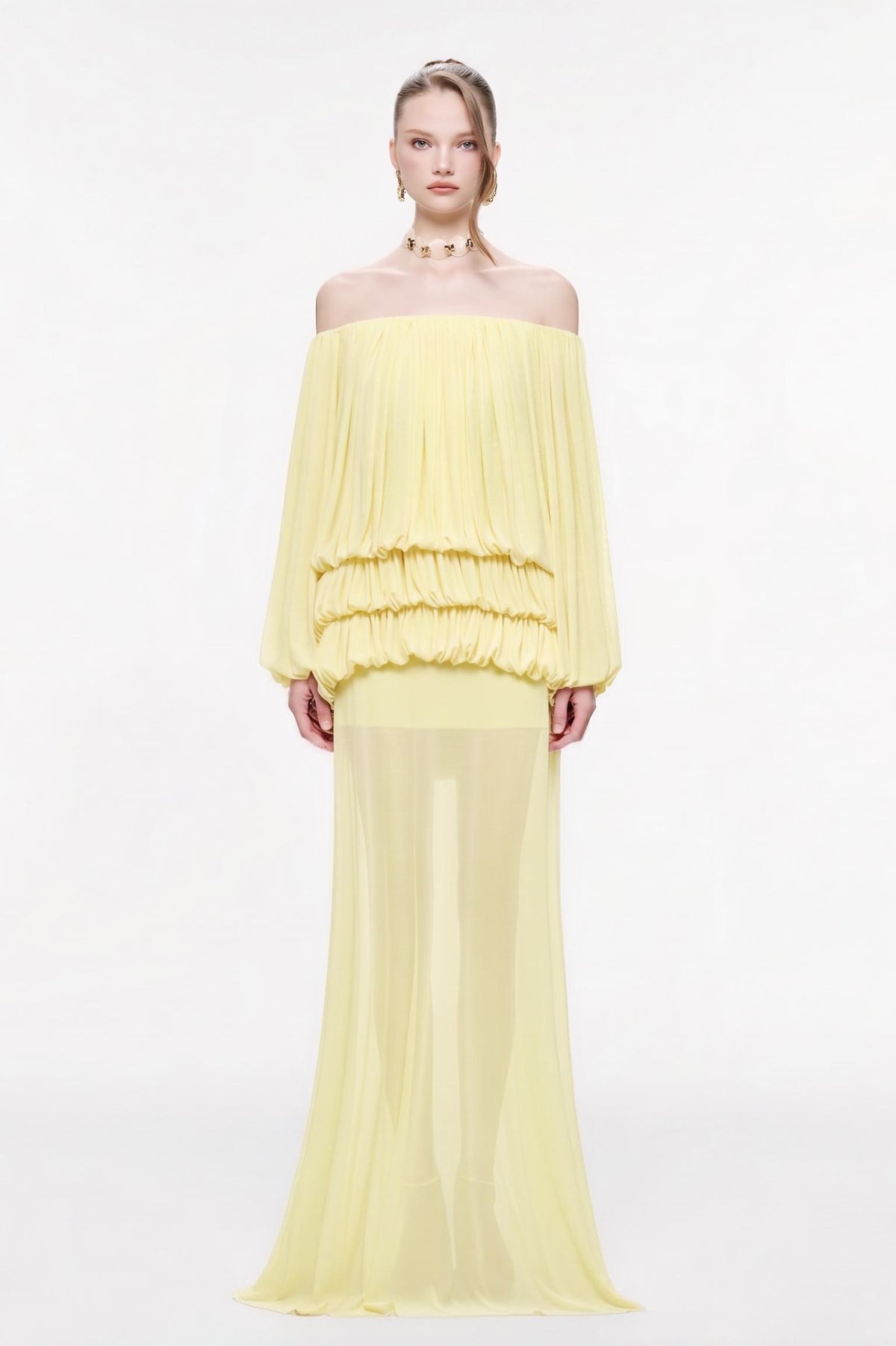 Off Shoulder Gathering Top & Mid Waist Midi Skirt Set