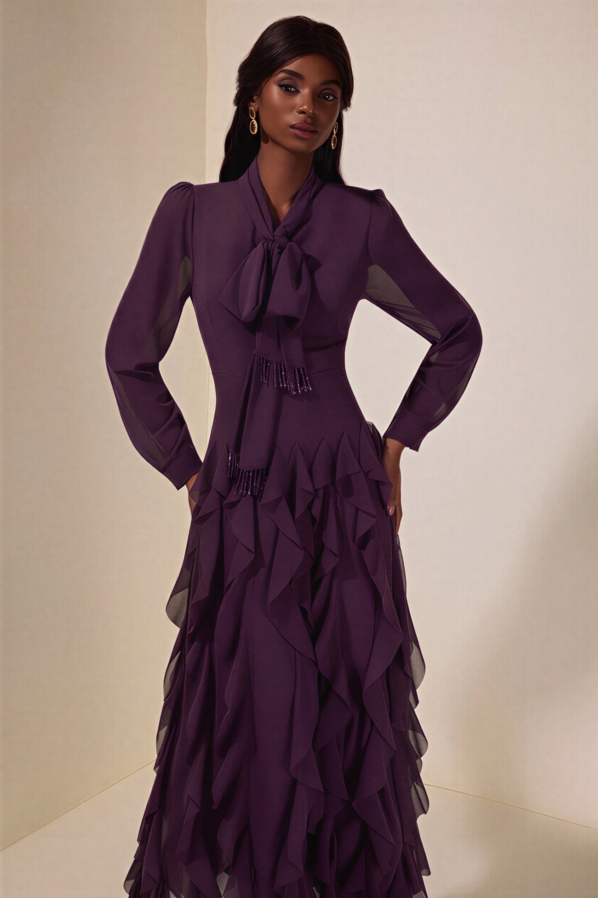 Chiffon Frill Beads Maxi Dress