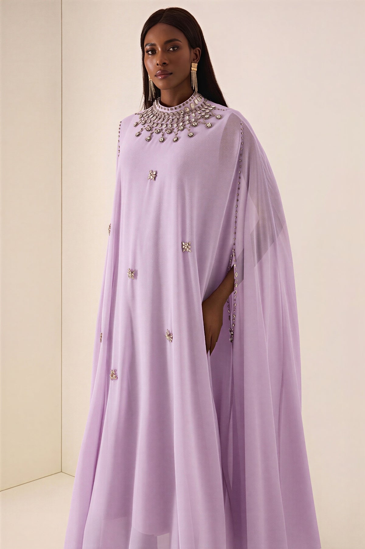 Chiffon Rhinestone Rivets Cape Midi Dress