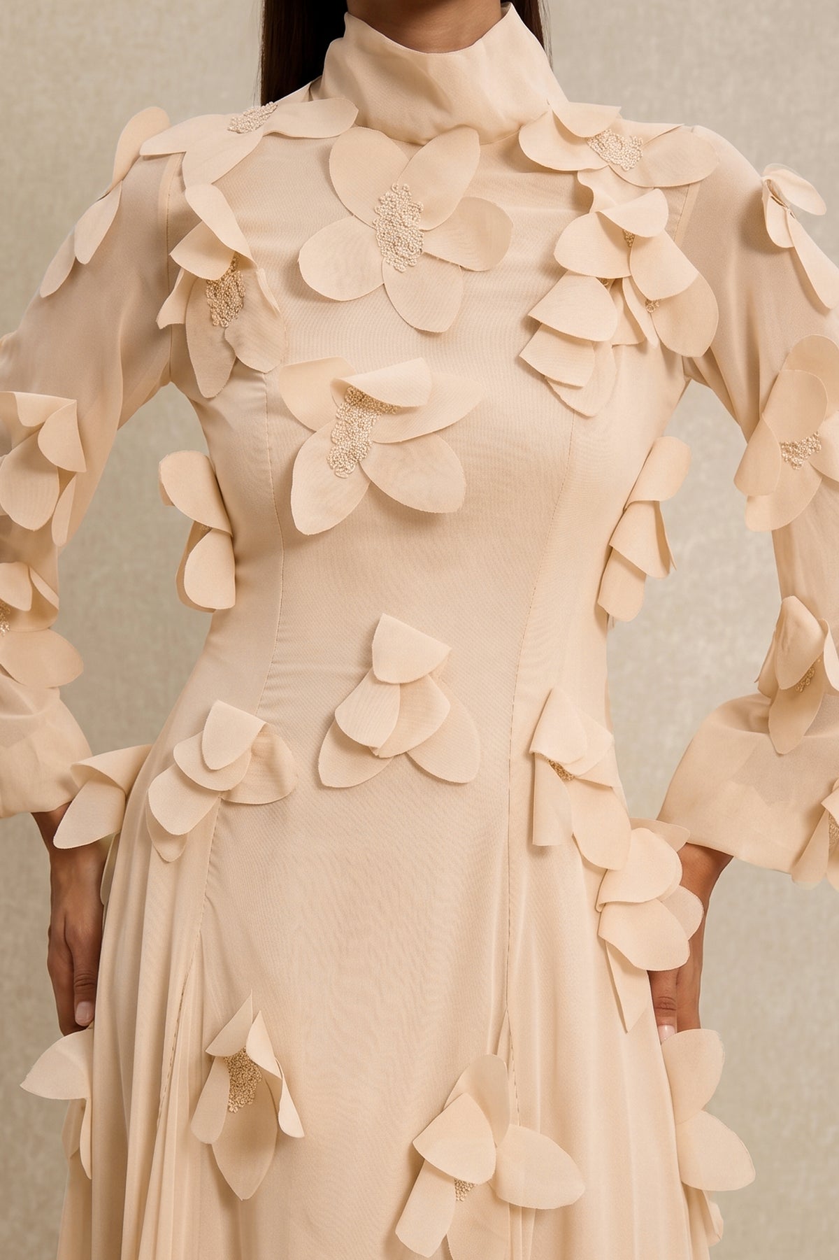 3D Flower Stand Collar Long Sleeve Maxi Dress