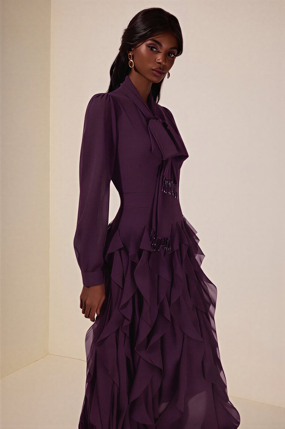 Chiffon Frill Beads Maxi Dress